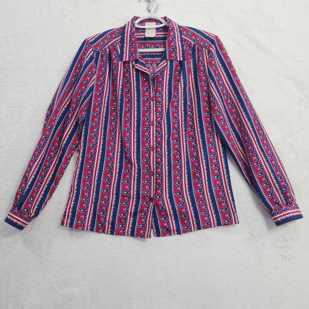 Vintage Pykettes Top Womens 8 Red‎ Blue Stripe Button Up Long Sleeve Blouse Boho